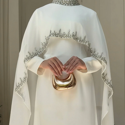 The Ethereal Cape-Overlay Abaya Set | Rhistones Heavy Decoration Abaya Set - White