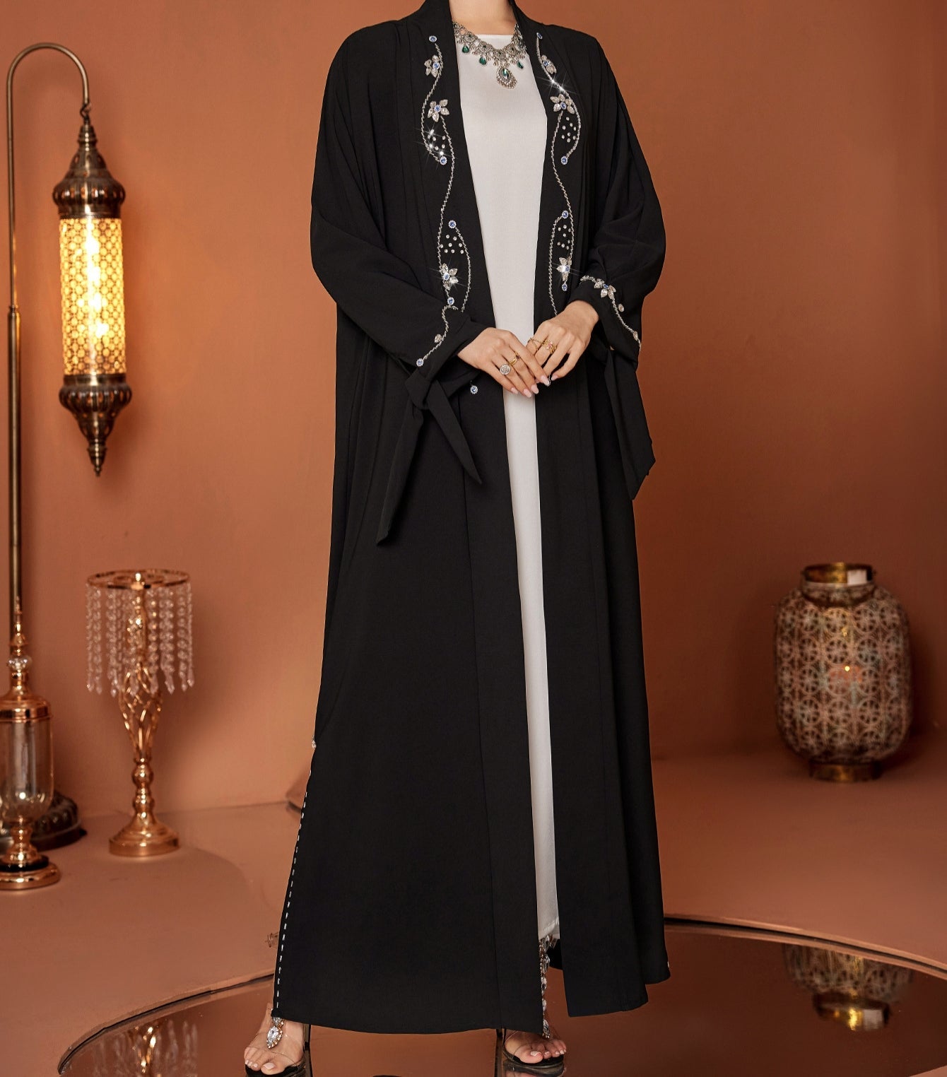 Rhinstones Open Abaya in Black