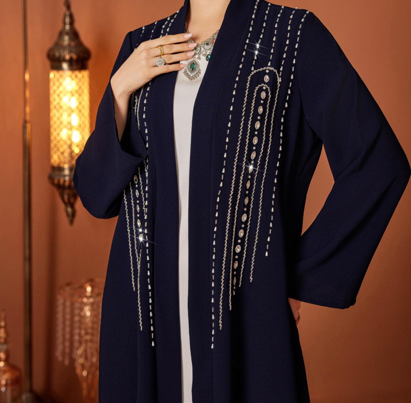 Rhistones Open Abaya in Dark Navy