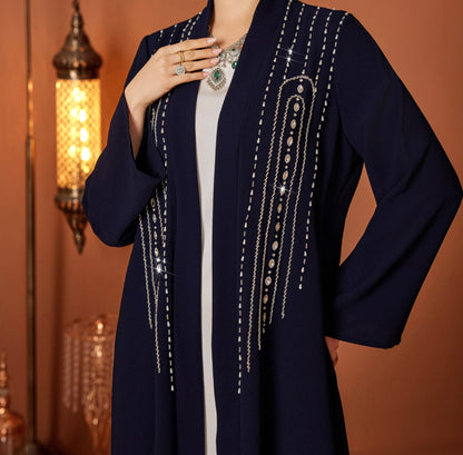 Rhistones Open Abaya in Dark Navy