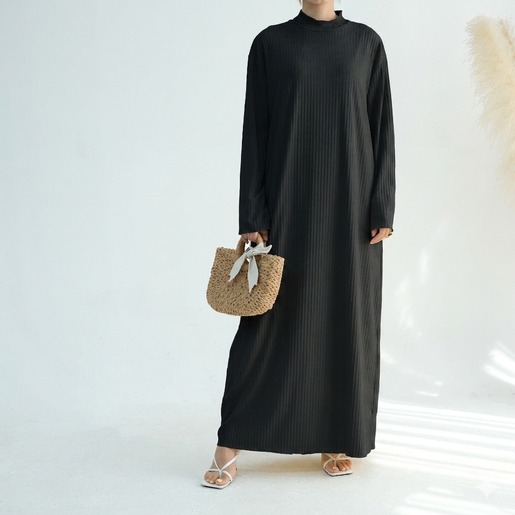 Ribbed Knit Jersey Long Sleeve Abaya – Black