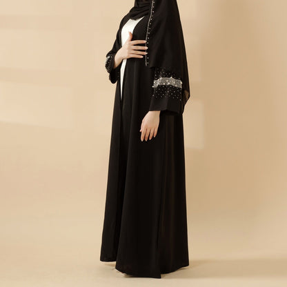Decorative Open Abaya With Matching Hijab - Black