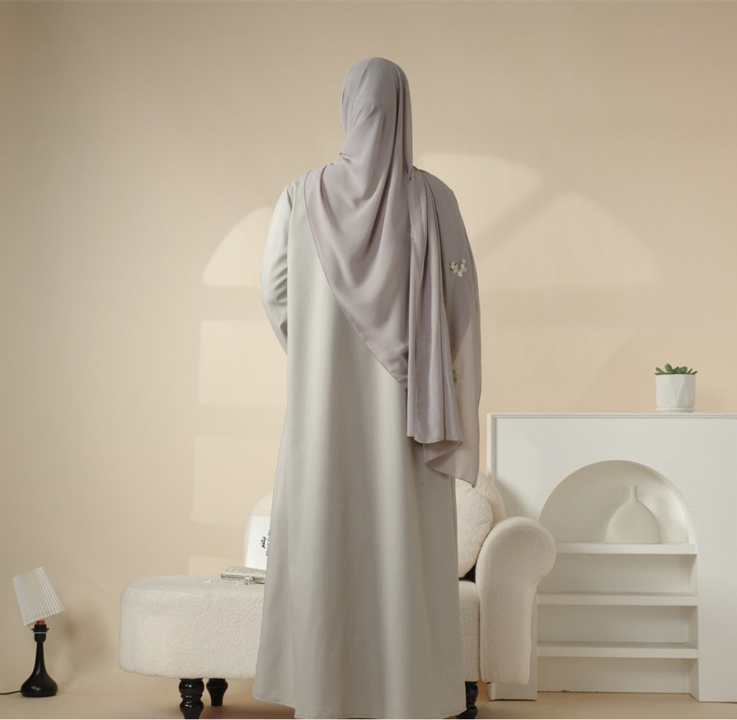 Floral Embroidered Abaya 3 Piece Set - Light Grey