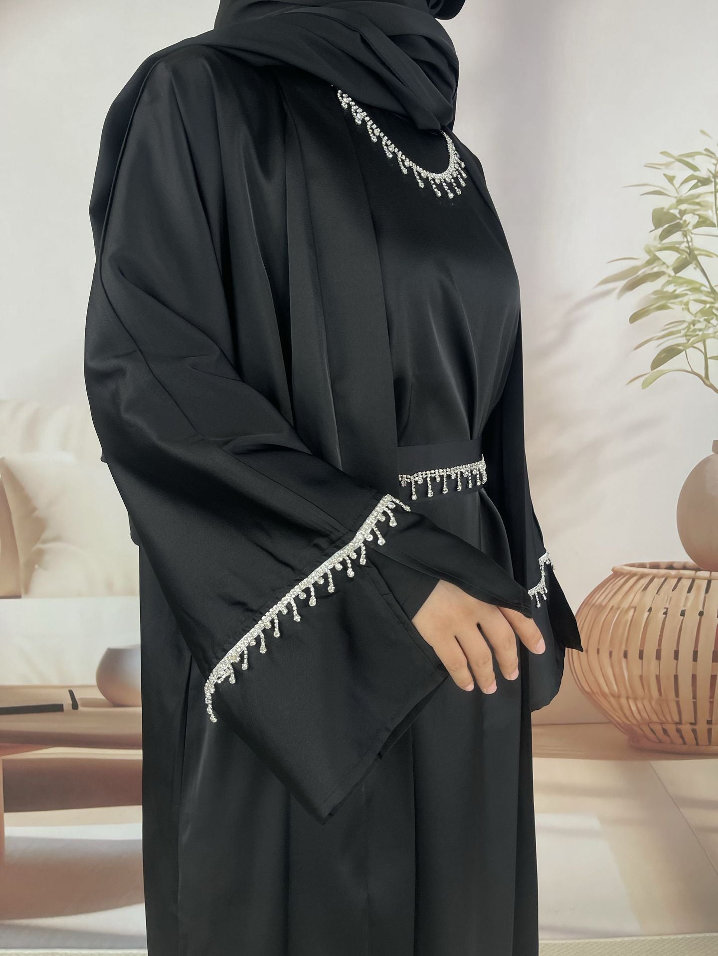 Rhinestones Satin Abaya 6 pcs Set - Black