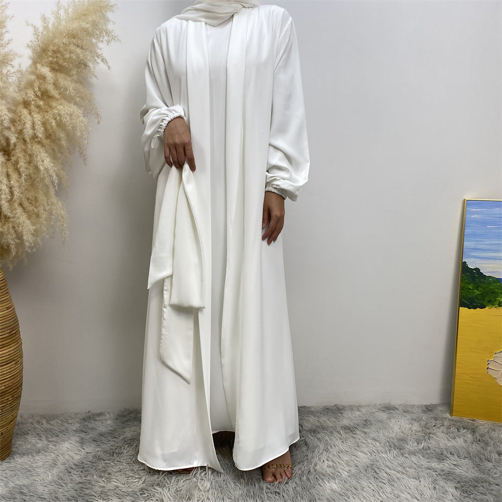 Plain Open Abaya with Matching Belt - White