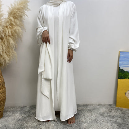 Plain Open Abaya with Matching Belt - White