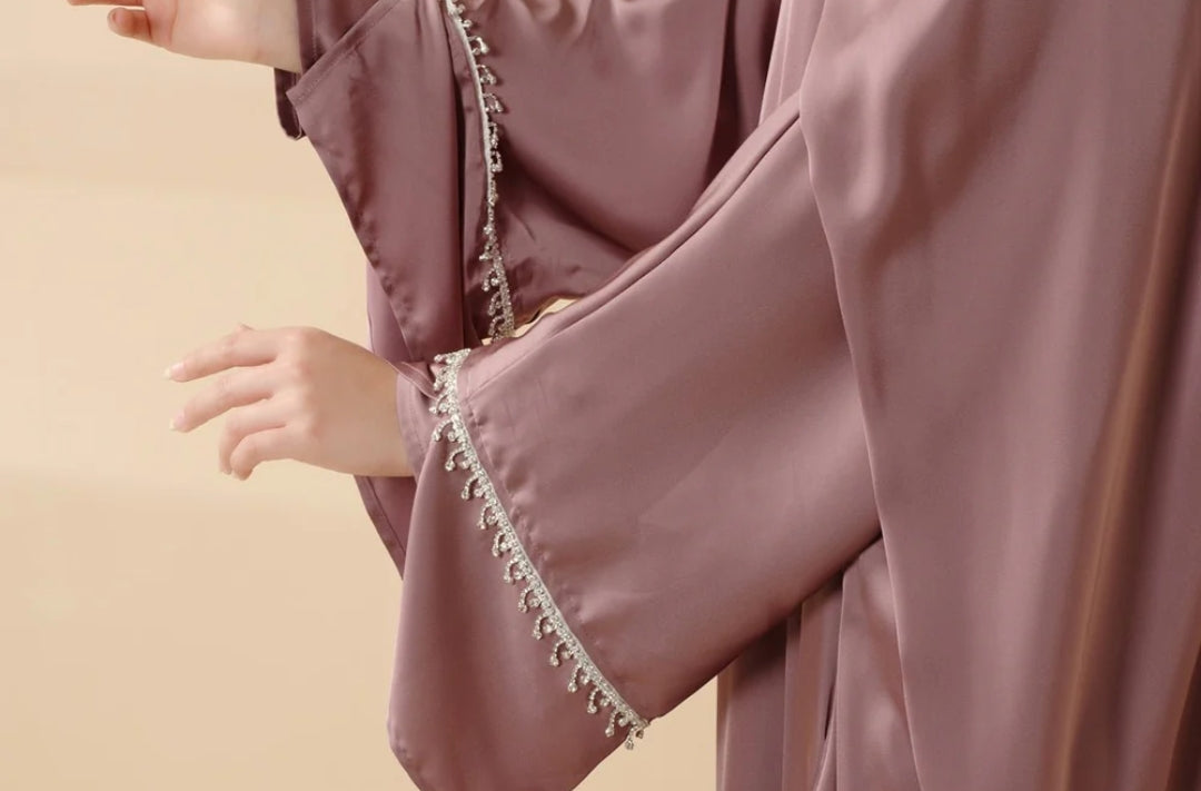 Rhinestones Satin Abaya 6 pcs Set - Berry
