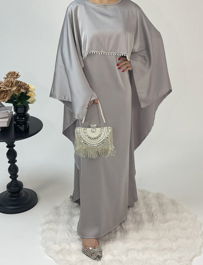 Eid Dress Elegant Satin Cape Abaya | Modest Eid Dress with Pearl & Rhinestone in Pearl Grey (clearance online only)