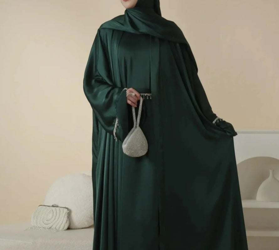 Rhinestones Satin Abaya 6 pcs Set - Emerald Green