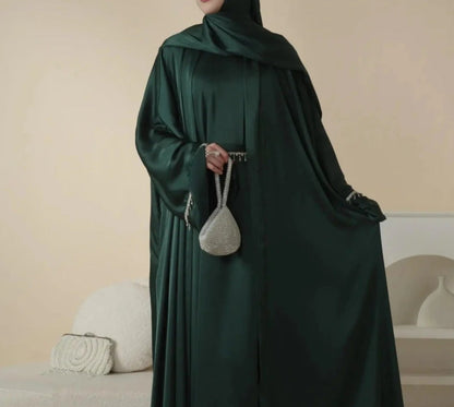 Rhinestones Satin Abaya 6 pcs Set - Emerald Green