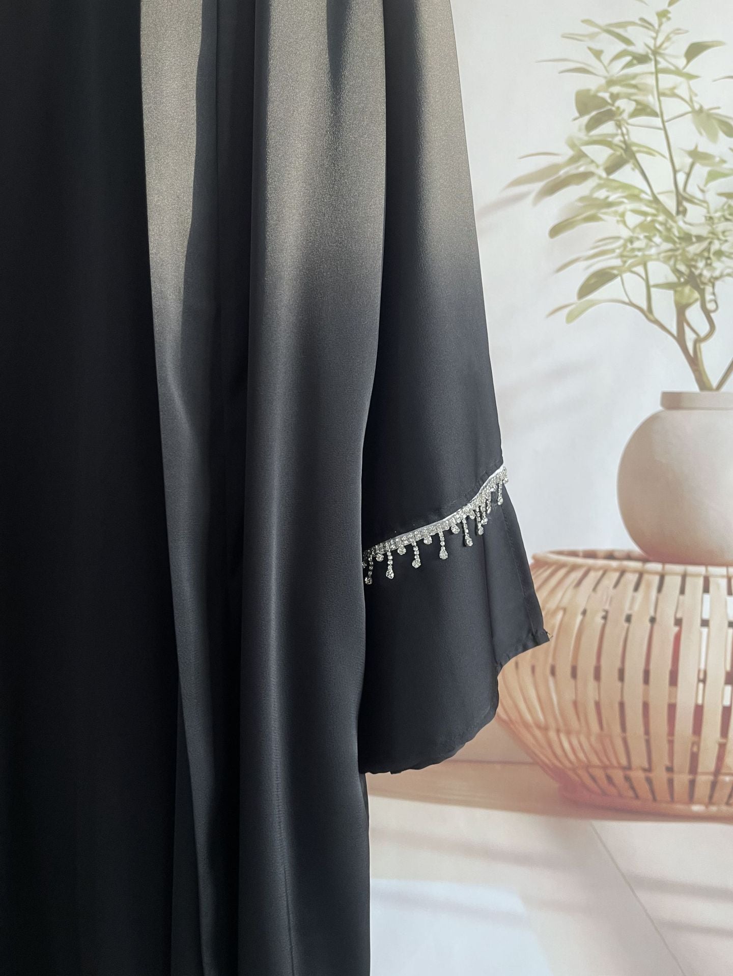 Rhinestones Satin Abaya 6 pcs Set - Black
