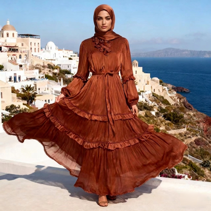 Floral Tasseled Glossy Bronze Tiered Maxi Dress - Clearance Online Only