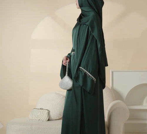 Rhinestones Satin Abaya 6 pcs Set - Emerald Green
