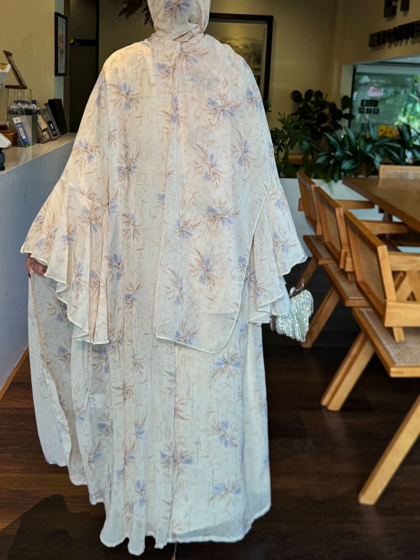 Floral Print Chiffon Abaya 3 pcs Set - Beige
