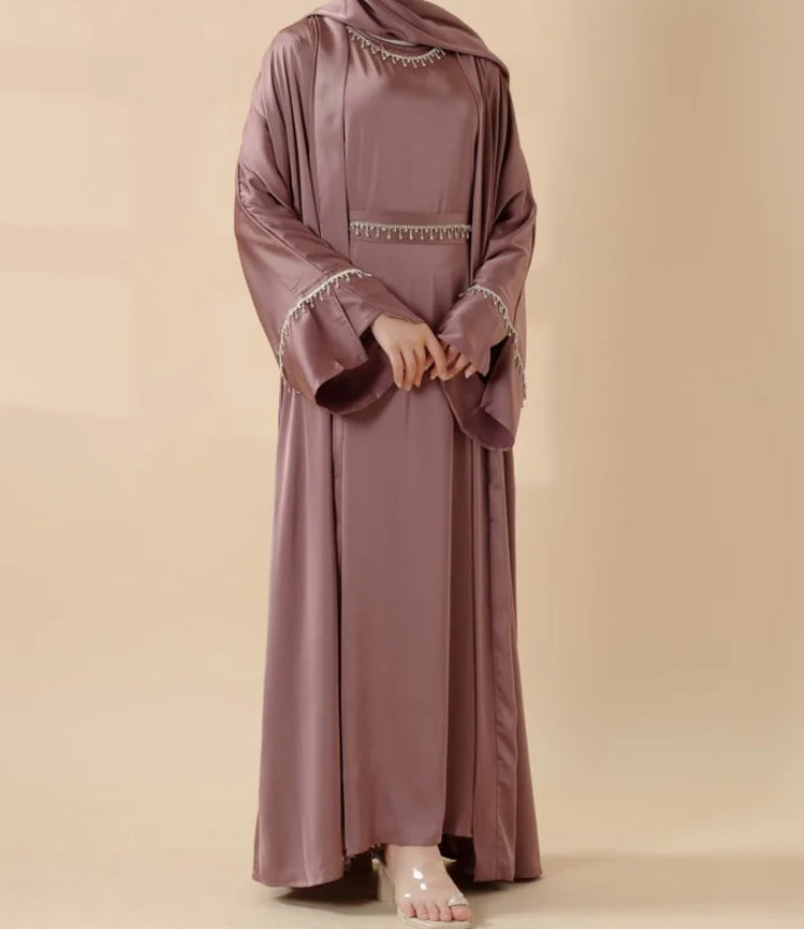 Rhinestones Satin Abaya 6 pcs Set - Berry