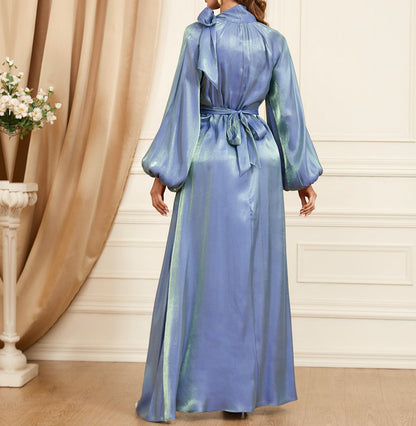 Shimmering Blue Tie-Neck Maxi Dress