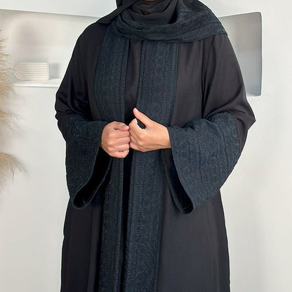 Embroidered Linen Abaya 3 Piece Set - Black