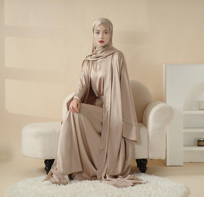 Rhinestones Satin Abaya 6 pcs Set - Golden Beige