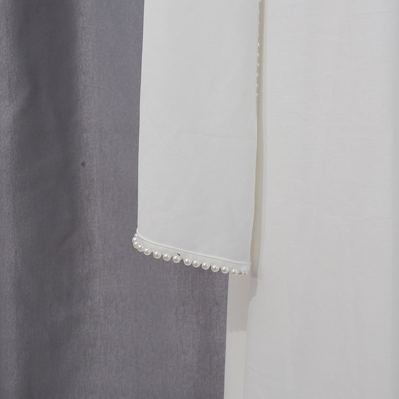 White Jersey Abaya with Matching Decorative Pearl Strip