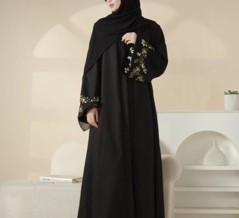 Floral Embroidered Abaya 3 Piece Set - Black