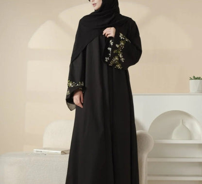 Floral Embroidered Abaya 3 Piece Set - Black