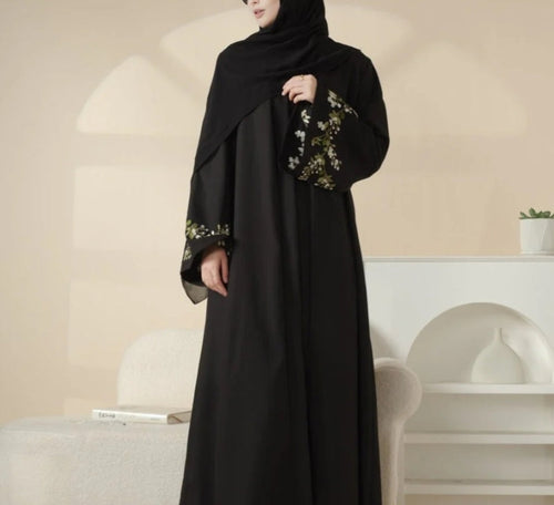 Floral Embroidered Abaya 3 Piece Set - Black