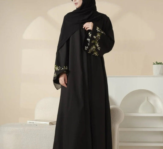 Floral Embroidered Abaya 3 Piece Set - Black