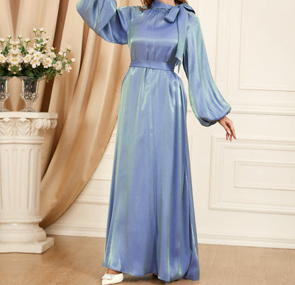 Shimmering Blue Tie-Neck Maxi Dress