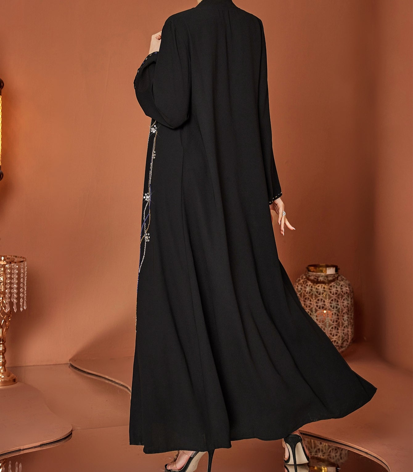 Beaded Open Abaya in Black