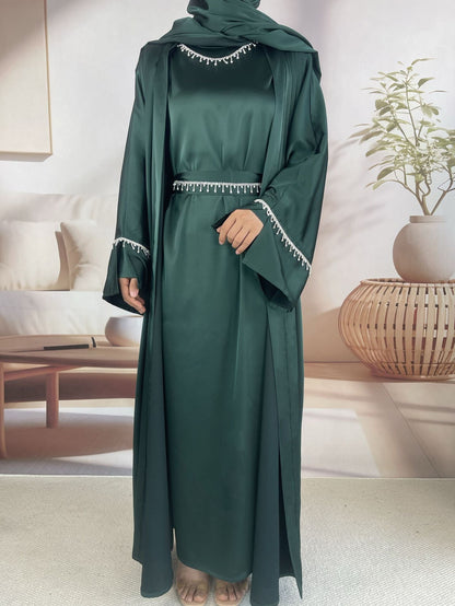 Rhinestones Satin Abaya 6 pcs Set - Emerald Green