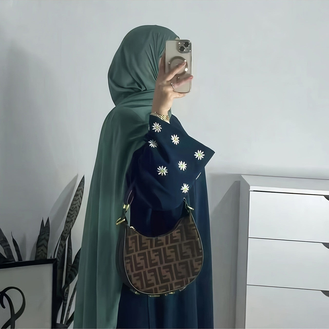 Plain Abaya wt Daisy Embroidered Sleeves - Green