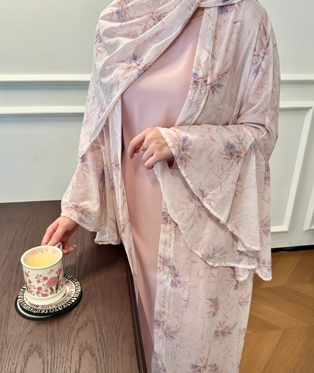 Floral Print Chiffon Abaya 3 pcs Set - Blossom