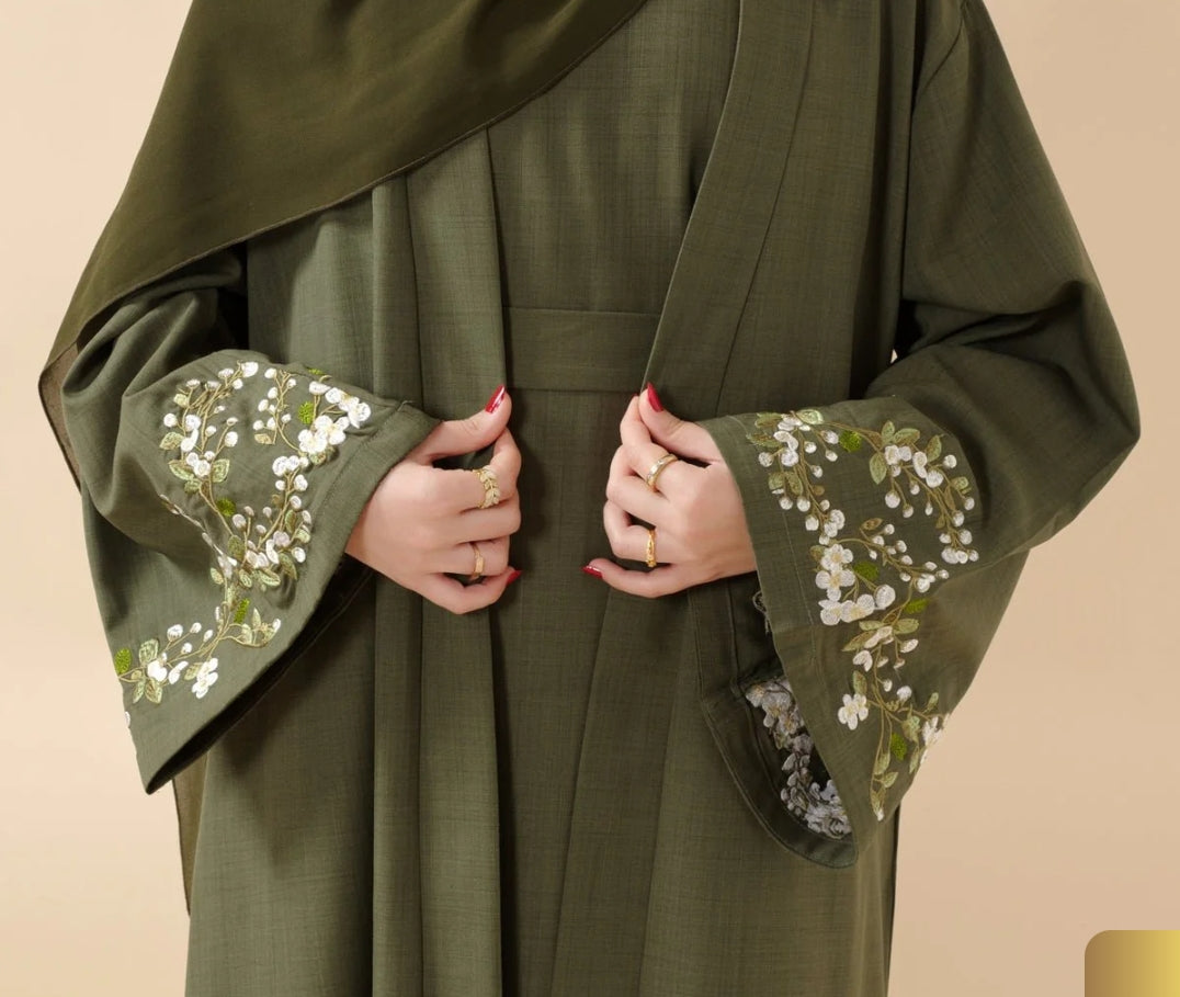 Floral Embroidered Abaya 3 Piece Set - Olive Green