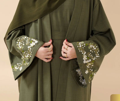Floral Embroidered Abaya 3 Piece Set - Olive Green