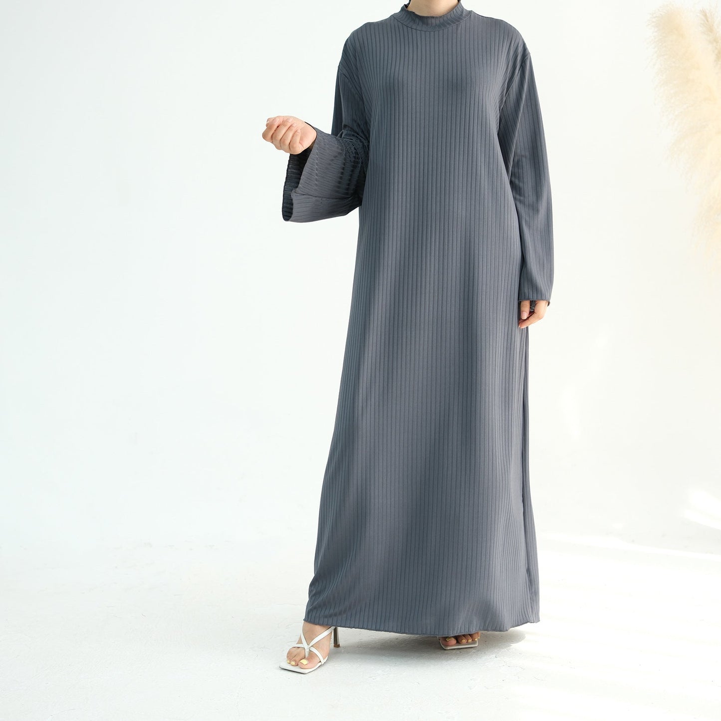 Ribbed Knit Jersey Long Sleeve Abaya – Slate Grey